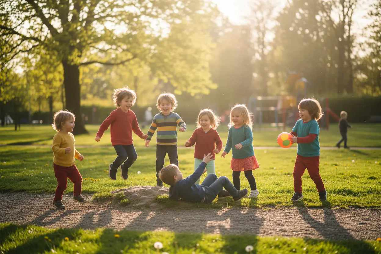Five happy children run and laugh in a sunny park, surrounded by grass, trees, and bubbles, creating a joyful and playful scene.